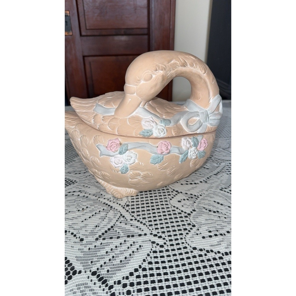 Vintage Swan Trinket Box Lidded Ceramic Floral Cottagecore Pink Roses Decor